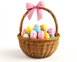 Naklejka premium Handwoven wicker basket filled with vibrantly colored Easter eggs, traditional festive arrangement symbolizing holiday joy