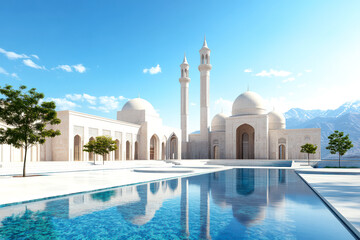 Fototapeta premium A serene architectural view of a grand mosque with minarets reflecting in a tranquil pool against a backdrop of mountains and blue skies.