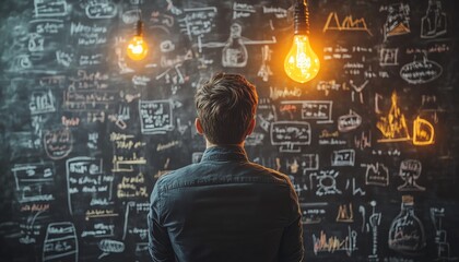 Businessman looking at a chalkboard sketch from behind, visualizing future business concepts, professional planning, corporate strategy development