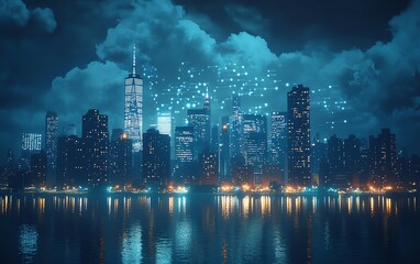 Obraz premium Cloud storage and digital network icons illuminated above Manhattan skyline, symbolizing online data flow and connectivity, advanced technology, smart city concept