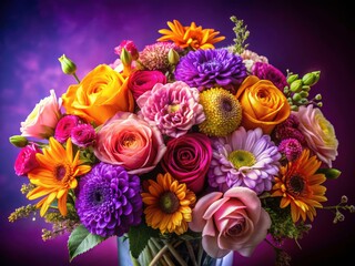 Close-up botanical bouquet, sharp focus, purple floral background with overlay; ideal for text.