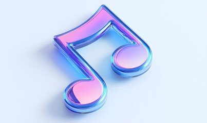 Iridescent music note on light blue background;  digital art for music websites