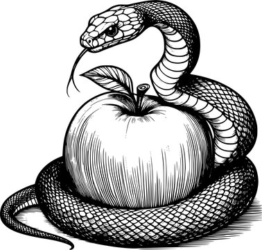 handdrawn snake and apple isolated on white
