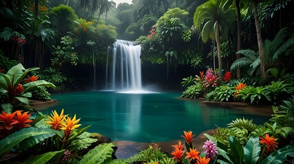 Naklejka premium A tropical paradise with a hidden waterfall cascading into an emerald pool, surrounded by dense jungle foliage, misty air, and exotic colorful flowers
