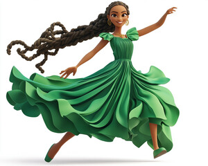 Graceful woman in flowing green dress spinning elegantly, dynamic movement portraying artistic dance and expressive freedom