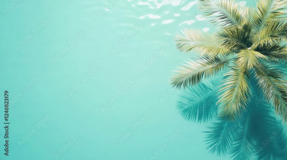 Poster Tropical beach view with coconut palm tree and turquoise water creating a serene and relaxing atmosphere for leisure activities. Generative AI