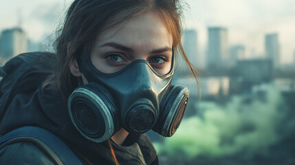 Beautiful young woman wearing a respirator gas mask to protect herself from radiation. standing in a post apocalyptic city. toxic green gas, chemical air pollution, dangerous, radioactive environment.