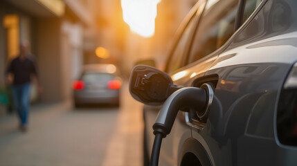 Naklejka premium Electric vehicle charging at sunset in urban environment with blurred cars and people walking in background, highlighting sustainable transportation benefits