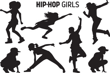 A set of hip hop dancer girls silhouette, flat black color hip hop dancing girl vector and illustration design on a white background.