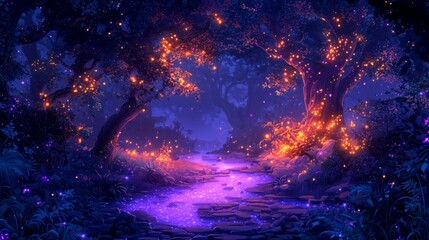 Enchanted Forest Pathway with Glowing Lights at Night