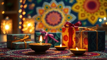 Festive Presents and Burning Candles on an Ornate Table