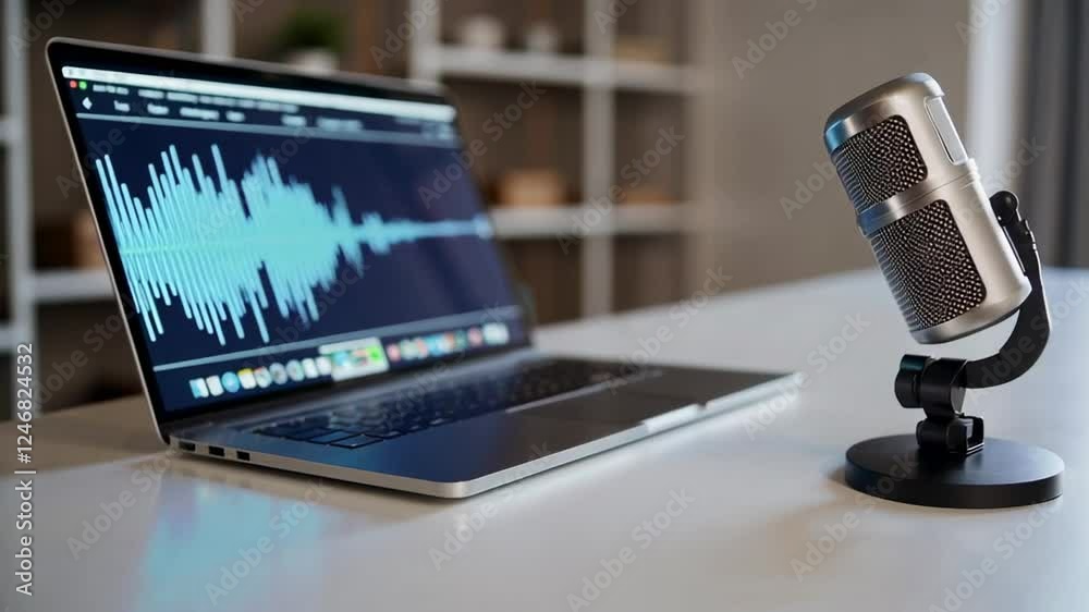 Poster Modern podcast setup shows audio waveform displayed on a laptop screen with a professional microphone, ideal for content creators, podcasters, and online educators