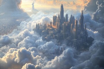 Fototapeta premium City of clouds with towering skyscrapers and serene blue sky at sunset