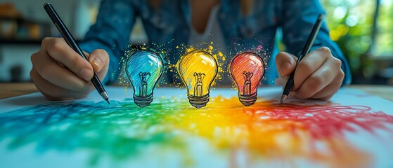 Graphic designer sketching new ideas, colorful light bulb drawings, brainstorming session, startup concept, creativity and innovation in the workplace, vivid design