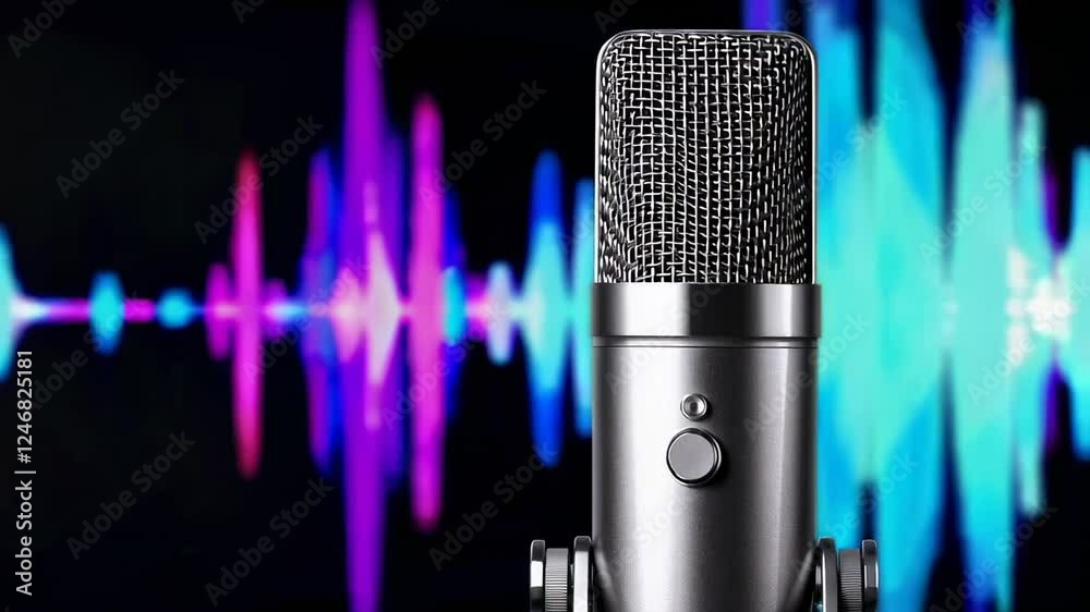 Poster Professional studio microphone capturing vibrant sound waves, transforming audio signals into colorful dynamic waveforms against sleek black background, visualizing sound engineering precision