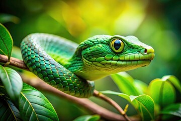 Close-up tilt-shift photography reveals a tiny green snake's head.