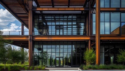 Obraz premium Modern Industrial Building Exterior with Glass Facade and Rusty Steel Structure