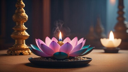 lotus candle, spiritual ambiance, peaceful meditation, burning incense, floral light, serene atmosphere, zen decor, calming flame, meditation candle, pink lotus glow