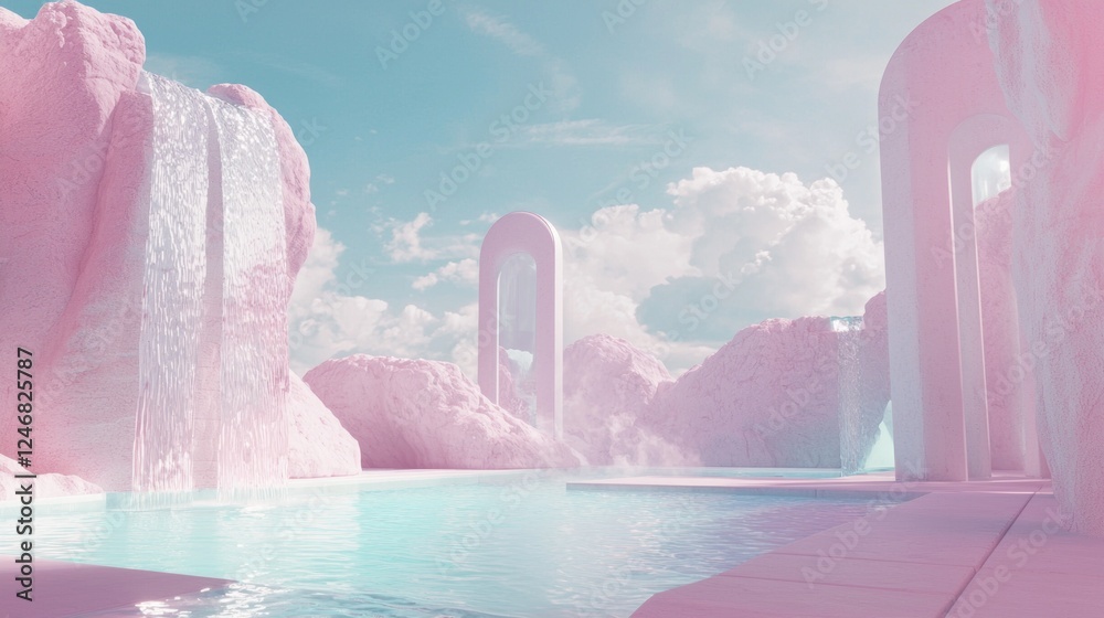 Poster futuristic architecture blends with giant white rock formations, as soft pink and aquamarine hues cr