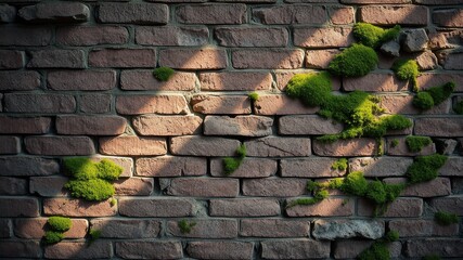 Sunlit Brick Wall with Patches of Lush Green Moss