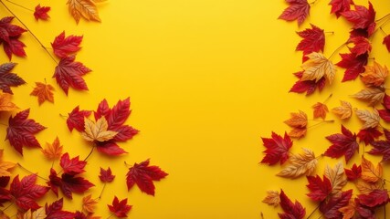 Obraz premium Autumnal Leaves Frame on Yellow Background Vibrant Fall Foliage Arrangement