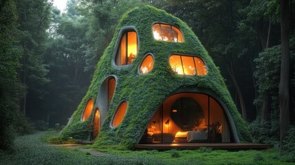 Moss-covered hilltop home, forest twilight, glowing windows, eco-design