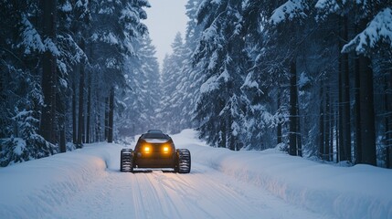 Futuristic Vehicle on Snowy Road in Winter Forest Landscape