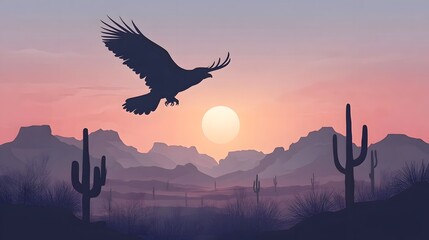 Naklejka premium A simple vector illustration of a sunset in the desert, featuring cacti and sandstone buttes 
