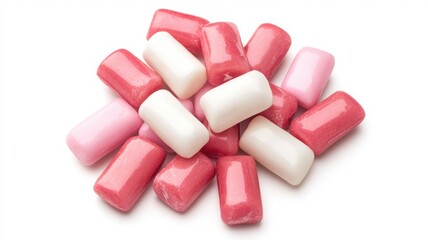 Colorful pile of pink and white chewing gum pieces on a white background.