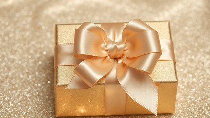 A luxurious gold-wrapped gift box with a large satin ribbon bow, set against a softly glowing glitter background. The composition exudes elegance and festivity