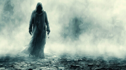 Naklejka premium mysterious figure in flowing cloak walks through foggy landscape, evoking sense of intrigue and eeriness