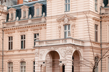 Obraz premium Austro Hungary architecture medieval renaissance period building palace exterior facade walls high windows and entrance halls