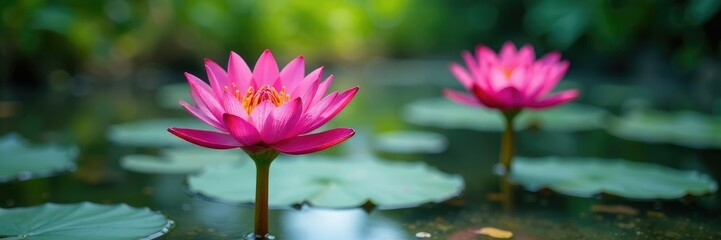 Obraz premium Blue and red water lily flowers in the pond with yellow green stem, red, pond