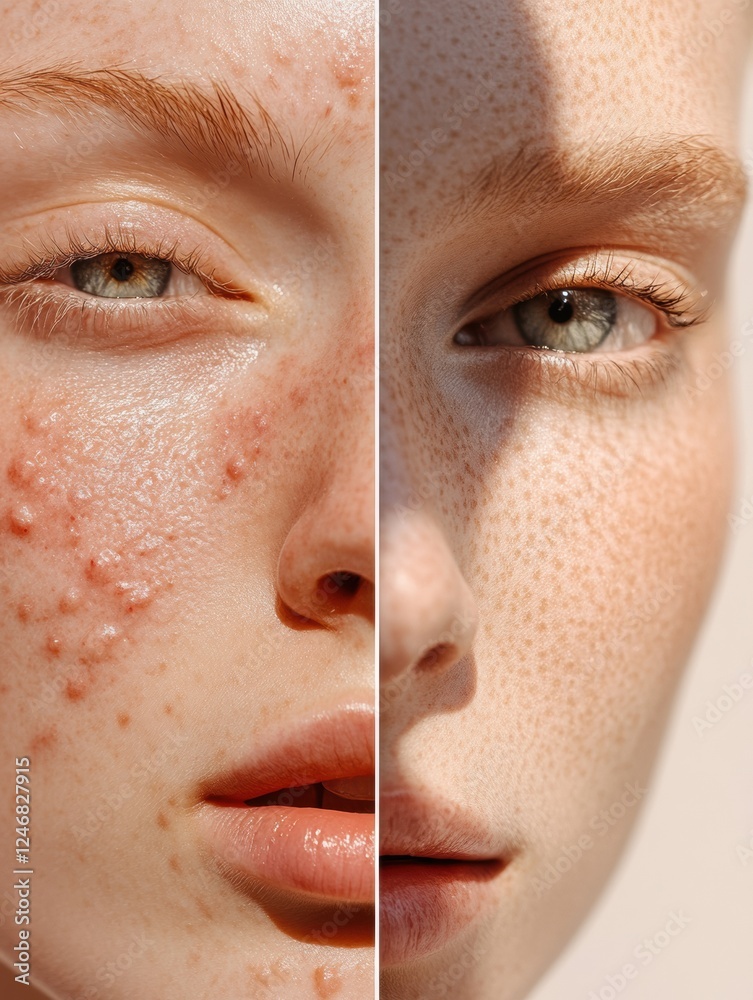 Poster Smooth skin versus acne comparison with space for text. Generative AI