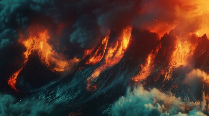 Dynamic flames dance across a dark, textured surface with wisps of smoke and fire, creating a dramatic scene