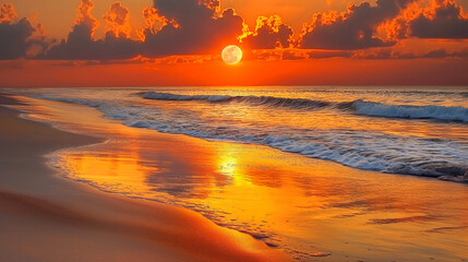 Gentle waves shimmer under a massive moon with a tranquil golden sea, creating a peaceful evening