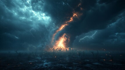 Dramatic Lightning Storm Over Dark Landscape with Clouds