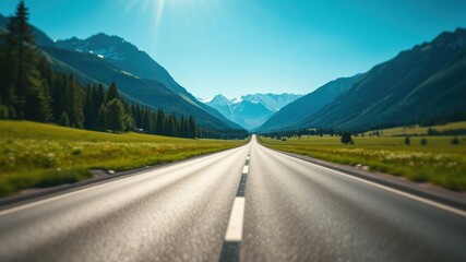 Fototapeta premium Asphalt road leading to majestic mountain range on a sunny day