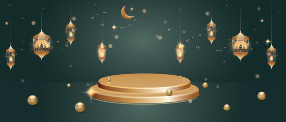 Three Round Podium Scenes on Islamic Background with Golden Lamps, Moon on Green Background.