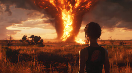 Woman gazes at massive tornadoes and fiery explosions in a devastated landscape