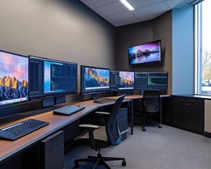 Naklejka premium Modern office with multiple computer screens and ergonomic chairs