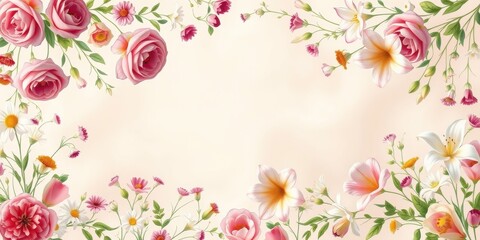 Obraz premium Delicate Floral Border Design A Frame of Roses, Lilies, and Daisies on a Soft Background