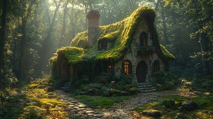 Fototapeta premium Mossy cottage, forest sunrise, magical path