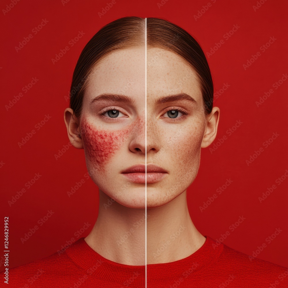 Poster comparison of skin conditions showing acne and redness versus smooth glowing skin. generative ai