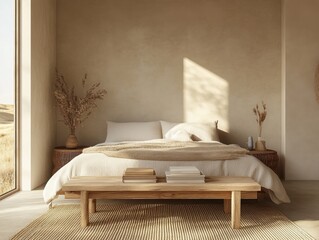 A bed with a white comforter and pillows