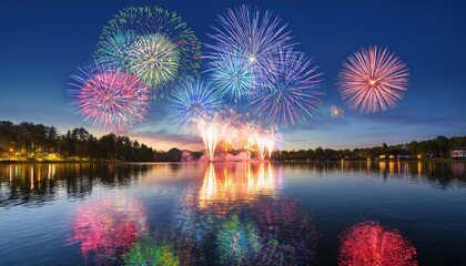 Colorful fireworks light up the summer night over a tranquil lake at dusk
