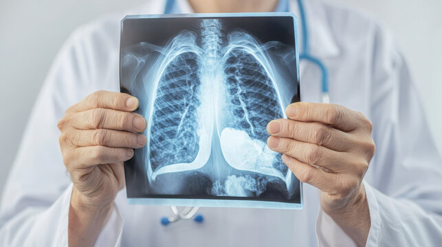 Rainy Season Diseases Including Malaria and Fever Risks. Doctor holding an X-ray image of lungs for analysis. - Powered by Adobe