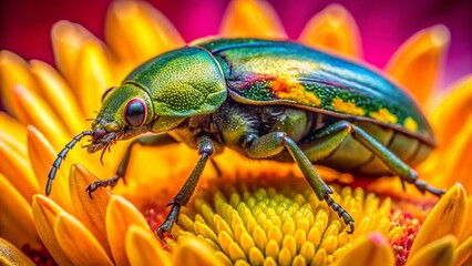 Naklejka premium Macro Photography: Beetle Covered in Pollen on Vibrant Flower