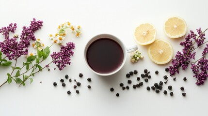 Cup of berry tea with lemon slices and purple flowers on white surface.