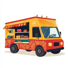Food Truck serves meals. Street food vendor. Mobile catering business background